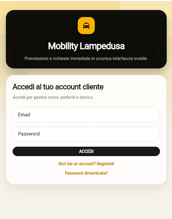 Schermata di login dell'app cliente Mobility Lampedusa