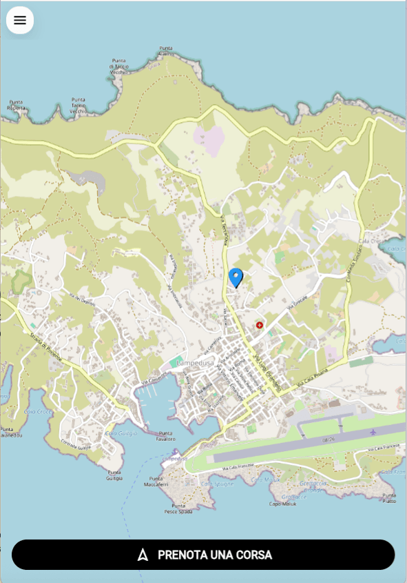 Schermata mappa dell'app cliente Mobility Lampedusa per prenotare una corsa