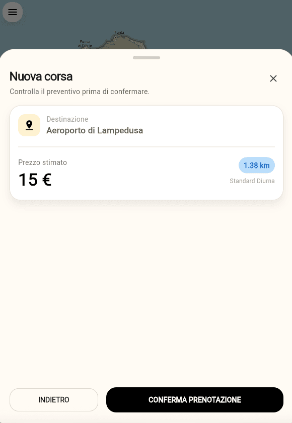Anteprima reale dell'app Mobility Lampedusa con preventivo corsa e conferma prenotazione